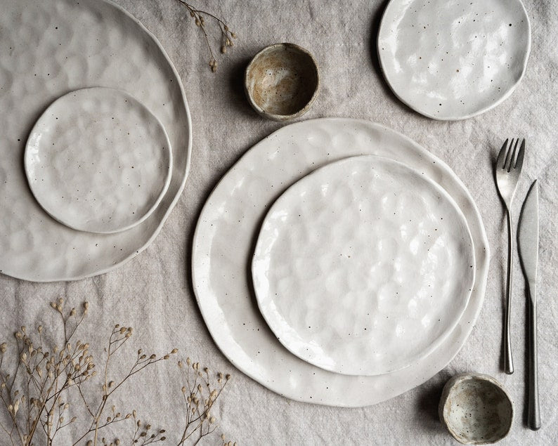 White flecked handmade ceramic plates