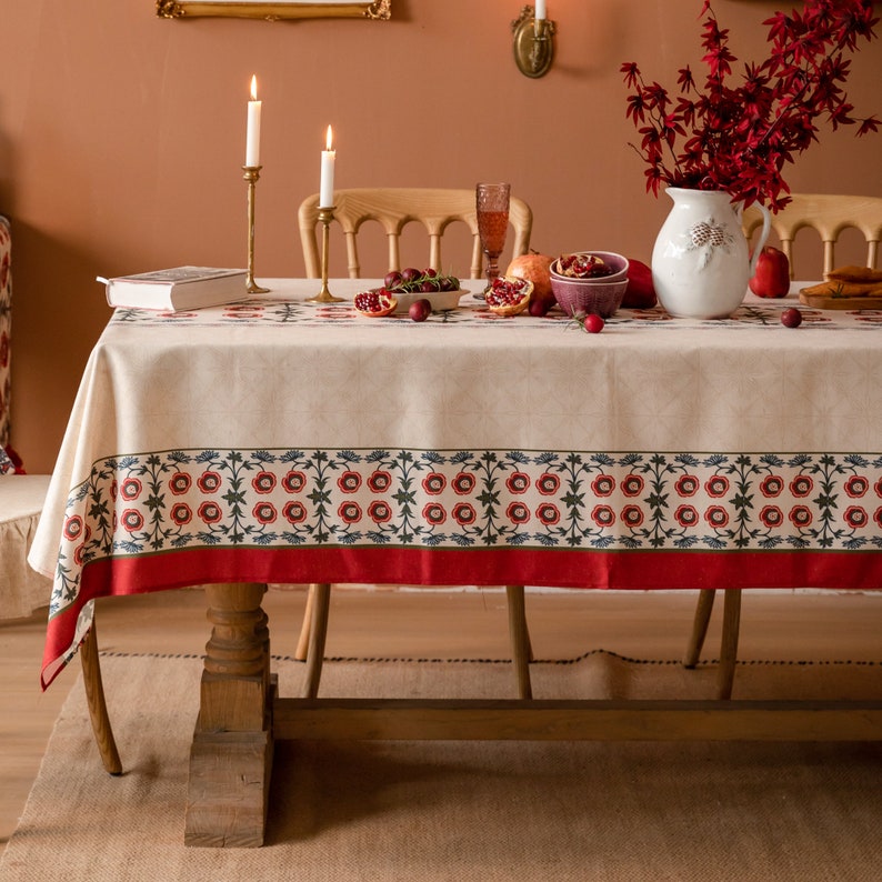 Farmhouse Style Linen Tablecloth Retro Floral Elegance