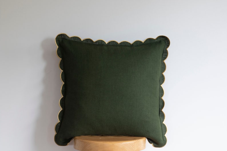 Dark Moss Green Pillow Cover with Scalloped Gold Edges