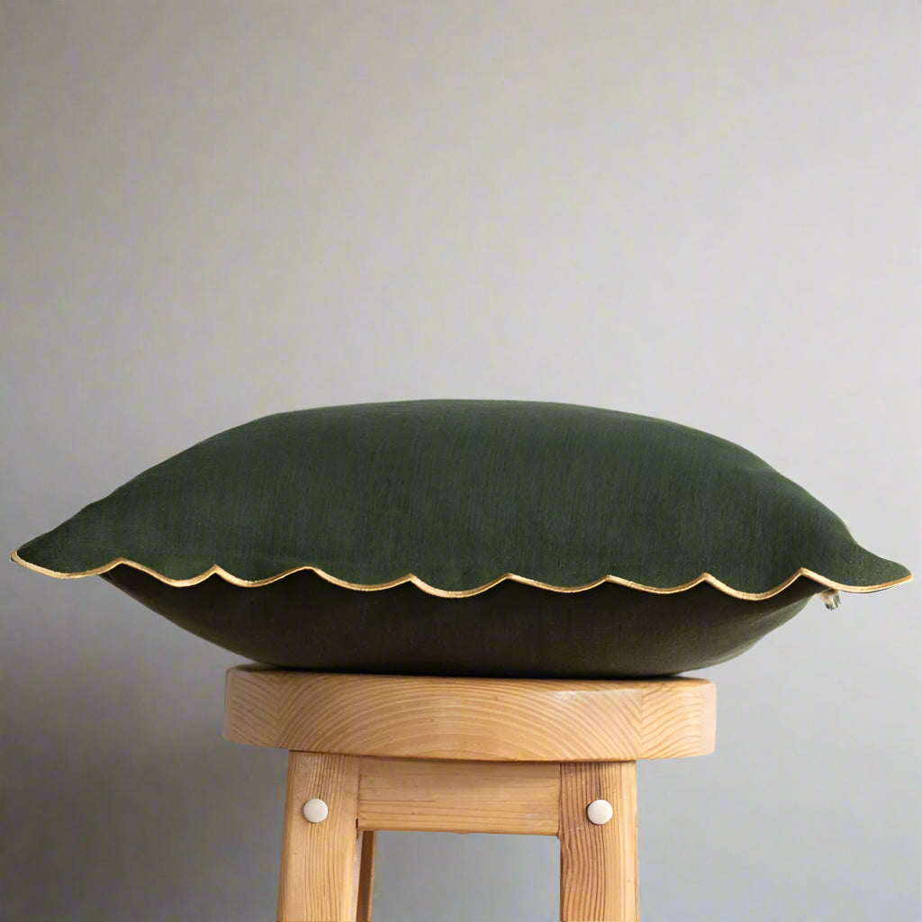 Dark Moss Green Pillow Cover with Scalloped Gold Edges