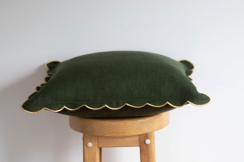 Dark Moss Green Pillow Cover with Scalloped Gold Edges