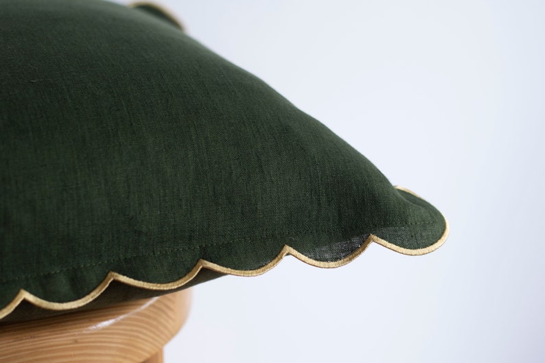 Dark Moss Green Pillow Cover with Scalloped Gold Edges