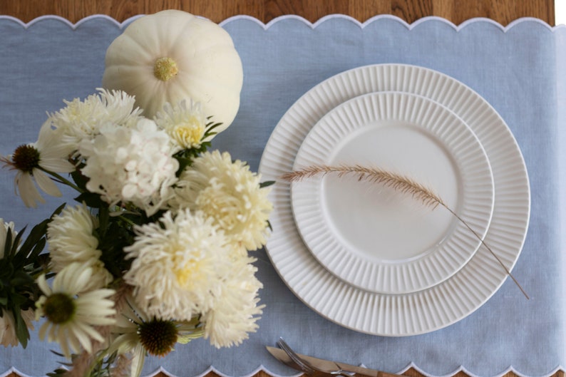 Baby Blue Table Runner with Scalloped White Edges - 18x55 Inch
