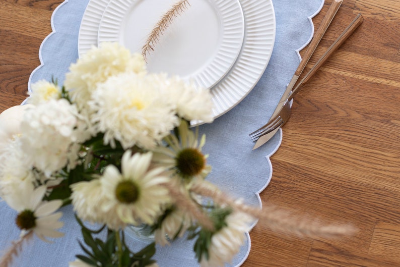 Baby Blue Table Runner with Scalloped White Edges - 18x55 Inch