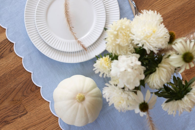 Baby Blue Table Runner with Scalloped White Edges - 18x55 Inch