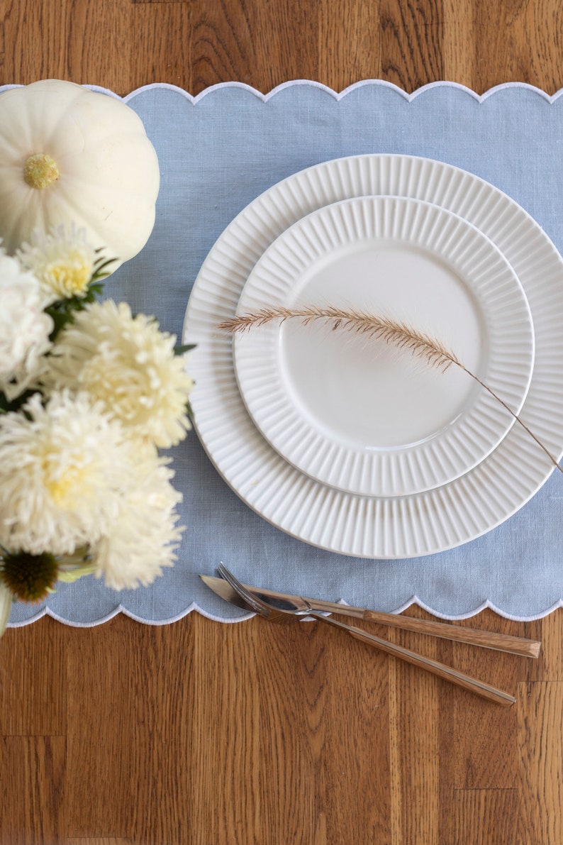 Baby Blue Table Runner with Scalloped White Edges - 18x55 Inch