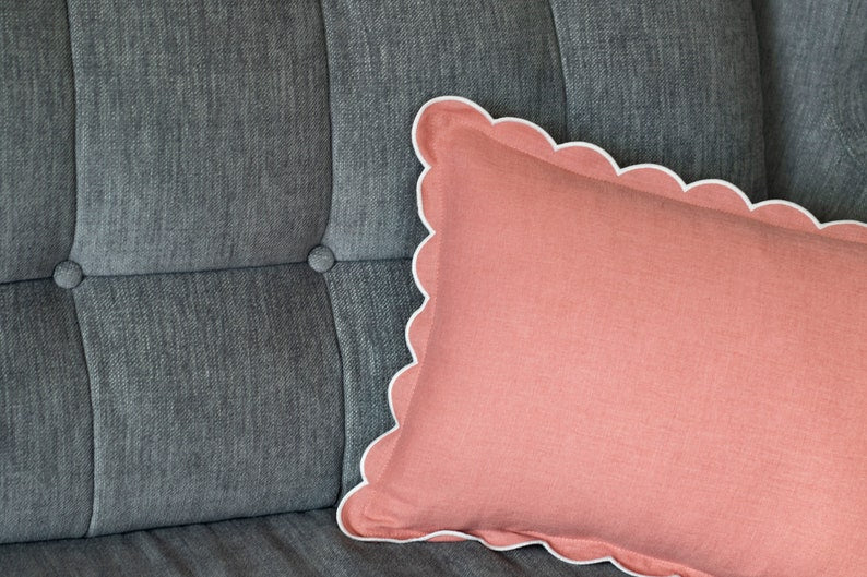 Pink Linen Scalloped Edge Pillow Cover with White Detailing - 16x16"