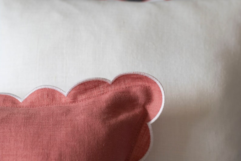Pink Linen Scalloped Edge Pillow Cover with White Detailing - 16x16"