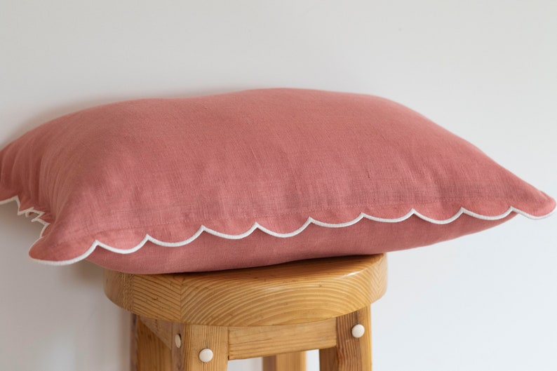 Pink Linen Scalloped Edge Pillow Cover with White Detailing - 16x16"