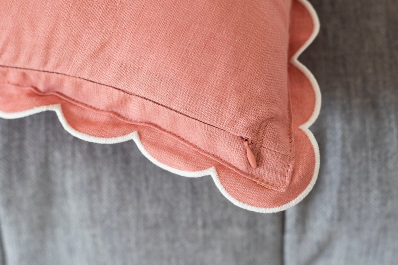 Pink Linen Scalloped Edge Pillow Cover with White Detailing - 16x16"