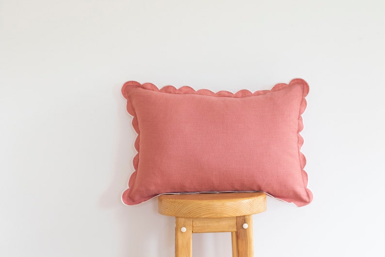 Pink Linen Scalloped Edge Pillow Cover with White Detailing - 16x16"