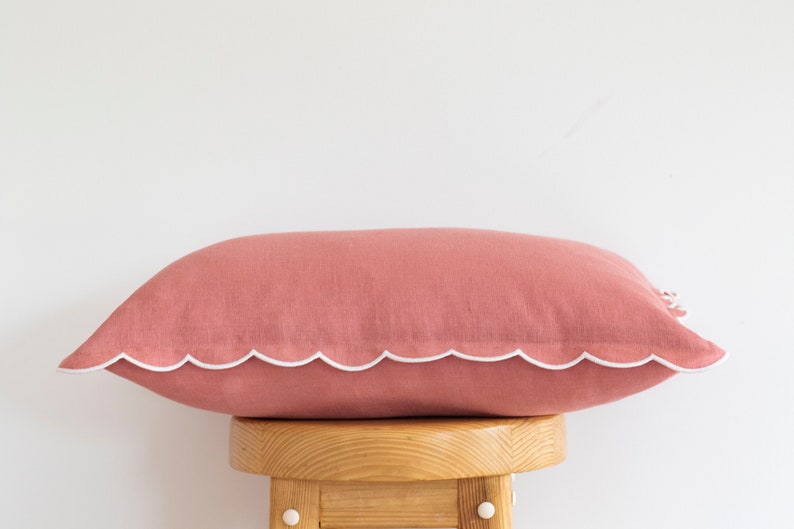 Pink Linen Scalloped Edge Pillow Cover with White Detailing - 16x16"