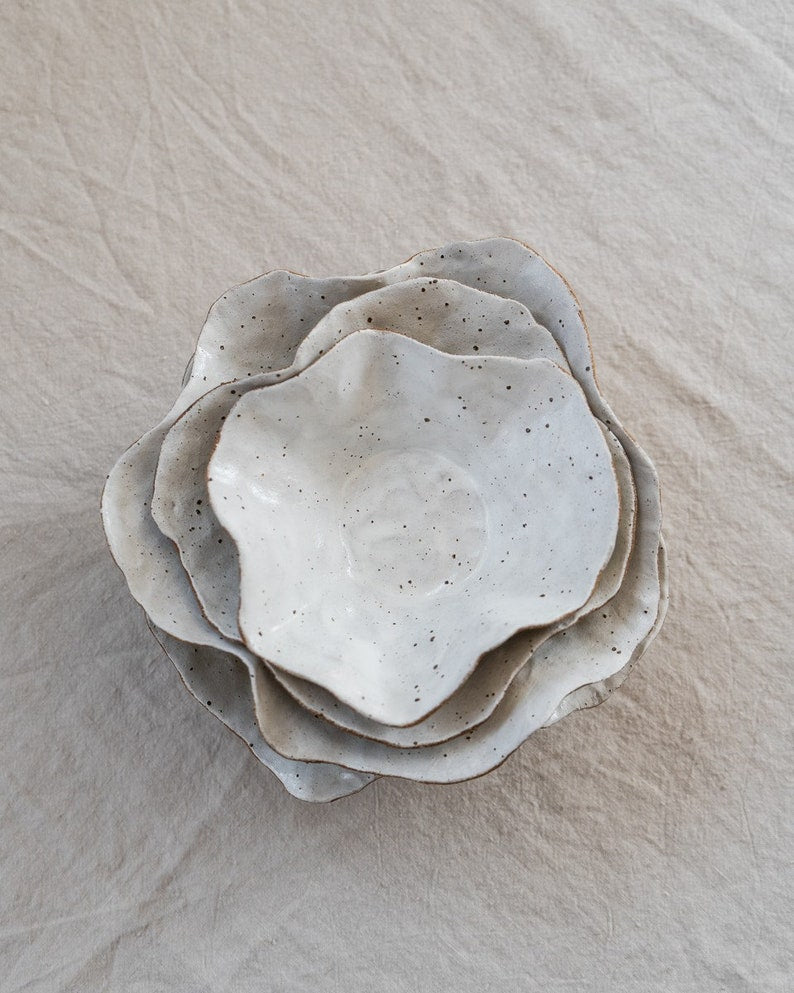 Handmade Ceramic Petal Bowl with White Flecked Glaze