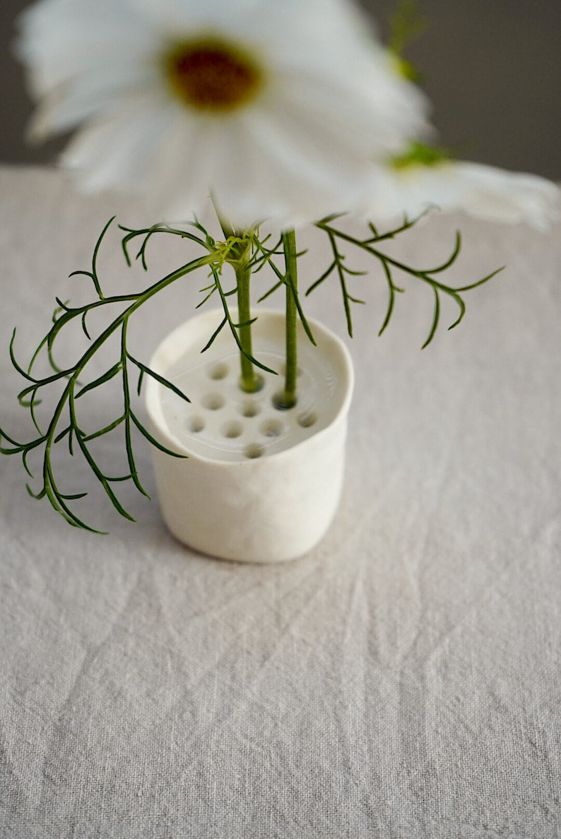 Small Porcelain Ikebana Stem Holder White