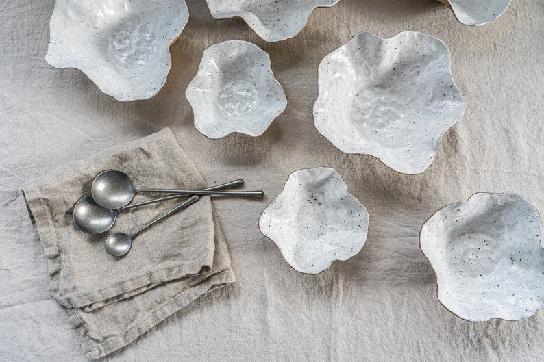 Handmade Ceramic Petal Bowl with White Flecked Glaze