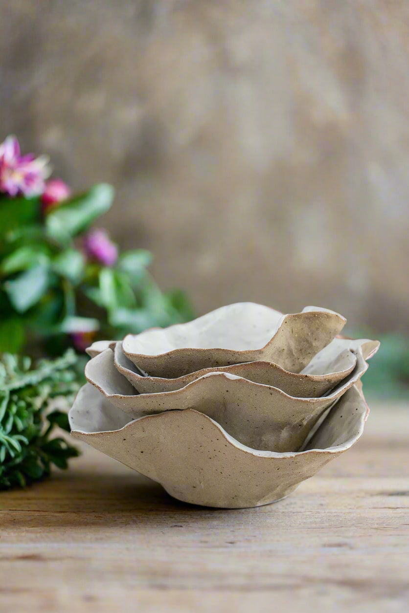 Handmade Ceramic Petal Bowl with White Flecked Glaze
