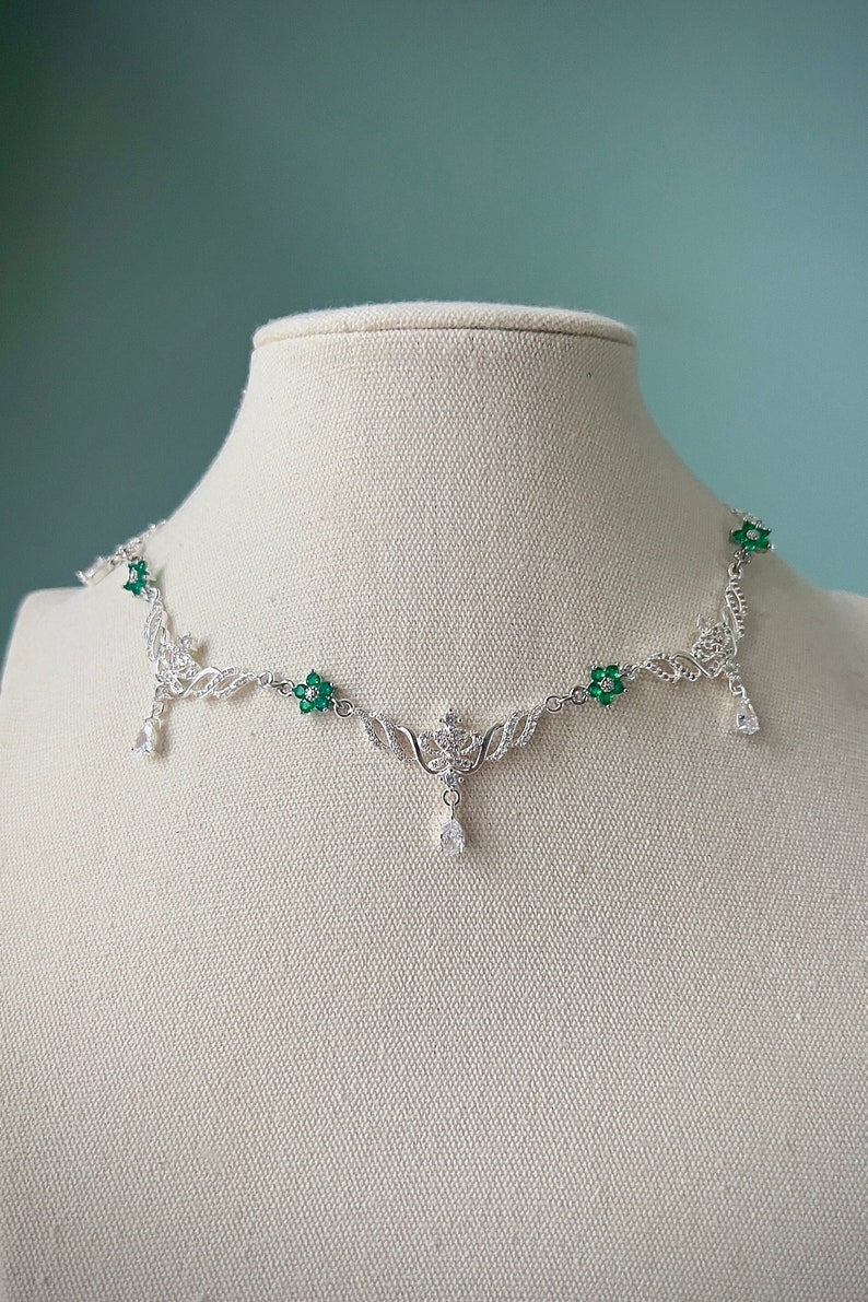 Silver fairycore green floral choker necklace