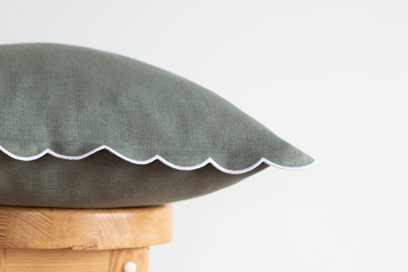 Seafoam Green Linen Pillow Cover - Scalloped Edge Design
