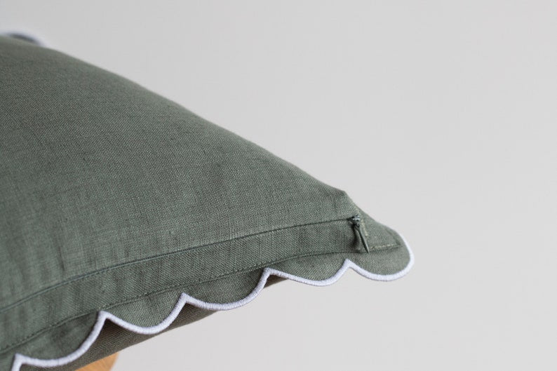 Seafoam Green Linen Pillow Cover - Scalloped Edge Design
