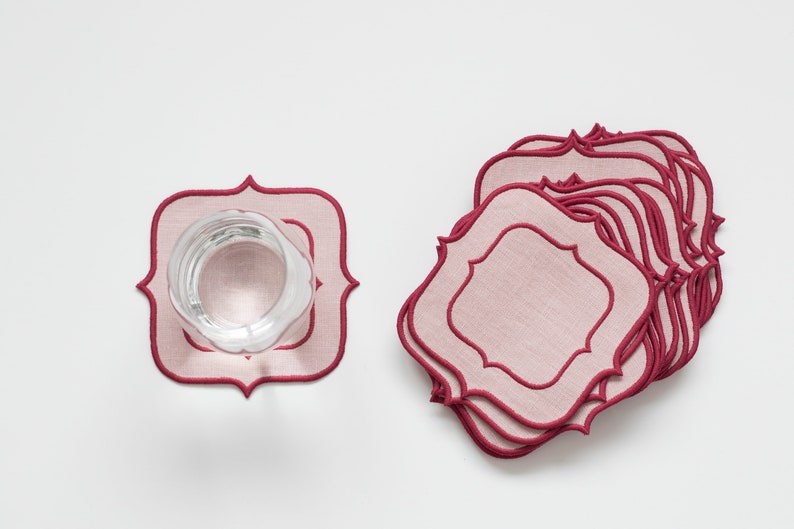 Blush Pink Linen Coasters, Double Dark Pink Trim - Set of 6- 10.5x10.5cm