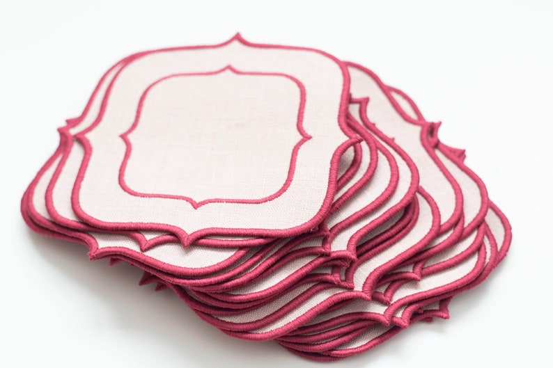 Blush Pink Linen Coasters, Double Dark Pink Trim - Set of 6- 10.5x10.5cm