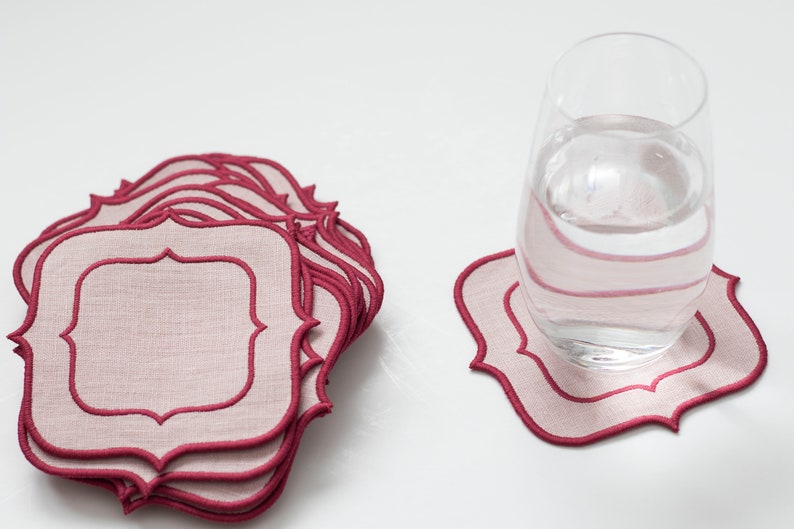 Blush Pink Linen Coasters, Double Dark Pink Trim - Set of 6- 10.5x10.5cm