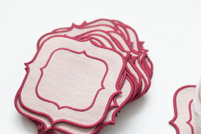 Blush Pink Linen Coasters, Double Dark Pink Trim - Set of 6- 10.5x10.5cm