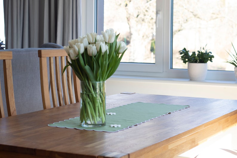 Spring Green Linen Table Runner, White Scallop Edges, 35x96cm