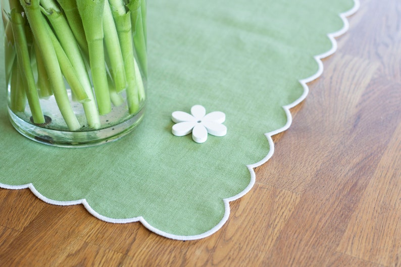 Spring Green Linen Table Runner, White Scallop Edges, 35x96cm