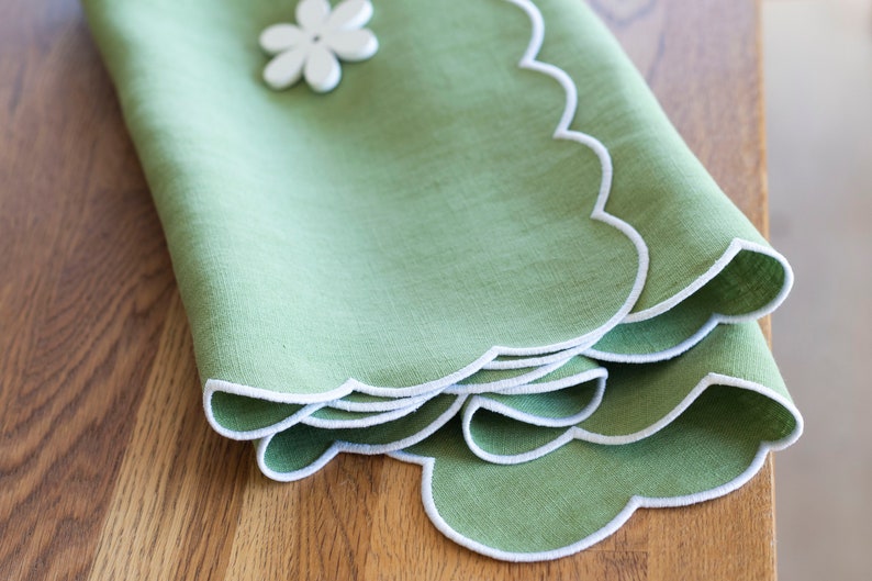 Spring Green Linen Table Runner, White Scallop Edges, 35x96cm