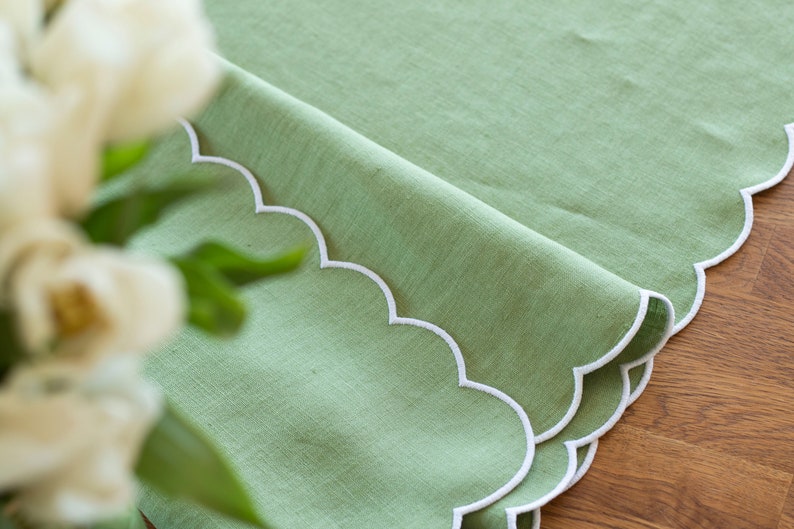 Spring Green Linen Table Runner, White Scallop Edges, 35x96cm