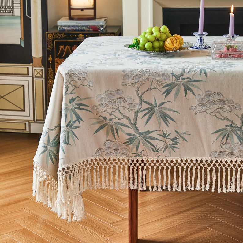 Exquisite Chinoiserie Snow Cedar and Jade Bamboo Tablecloth