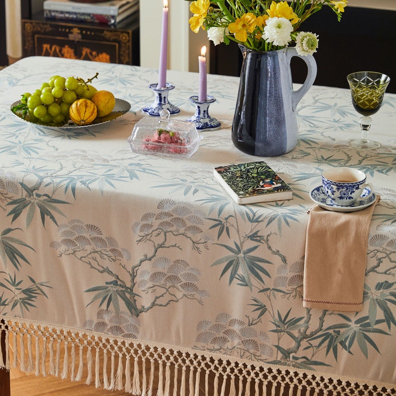 Exquisite Chinoiserie Snow Cedar and Jade Bamboo Tablecloth