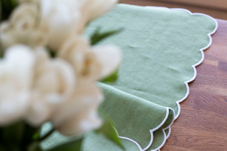 Spring Green Linen Table Runner, White Scallop Edges, 35x96cm