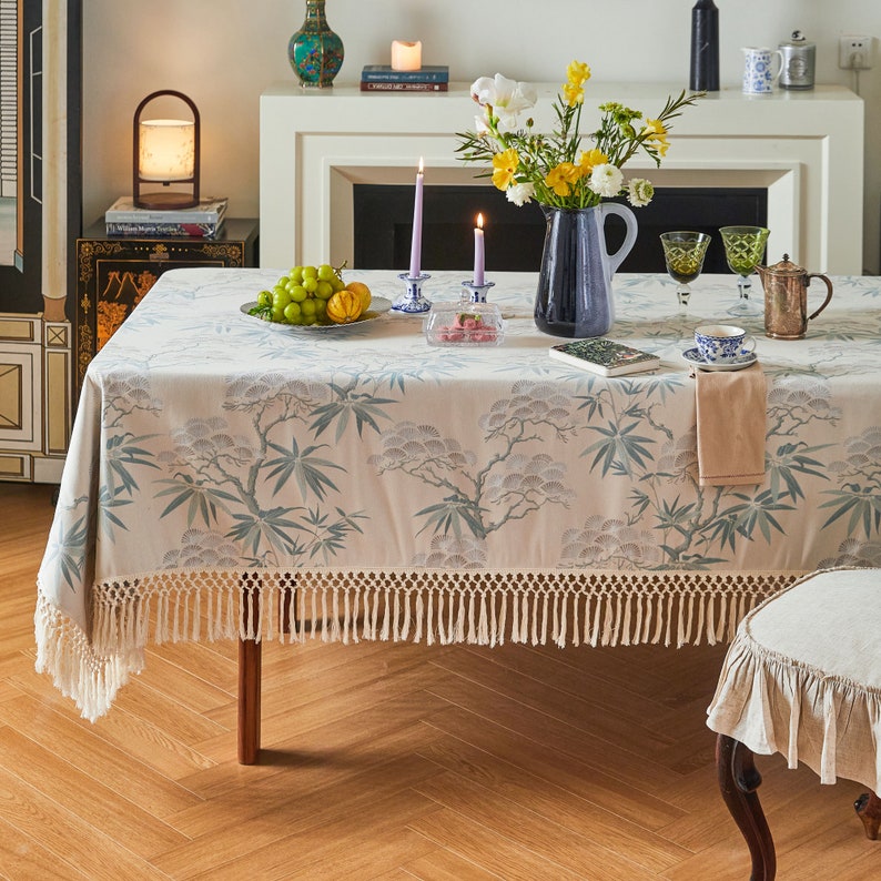 Exquisite Chinoiserie Snow Cedar and Jade Bamboo Tablecloth