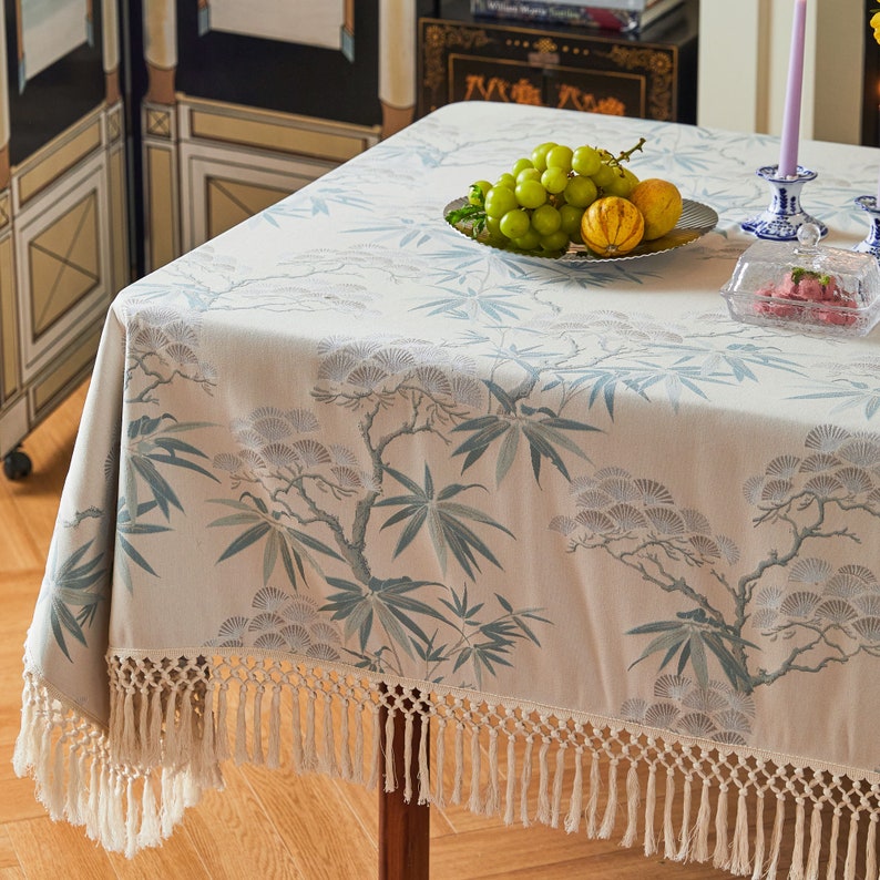 Exquisite Chinoiserie Snow Cedar and Jade Bamboo Tablecloth