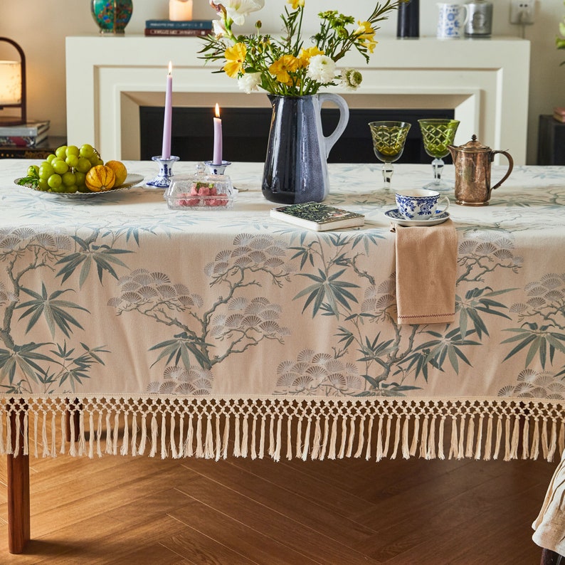 Exquisite Chinoiserie Snow Cedar and Jade Bamboo Tablecloth