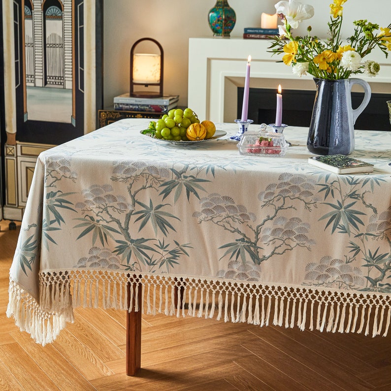 Exquisite Chinoiserie Snow Cedar and Jade Bamboo Tablecloth