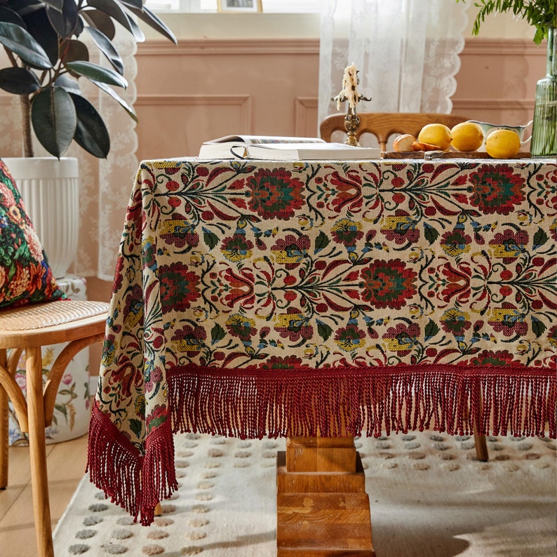 Garden Floral Jacquard Tablecloth with Tassels