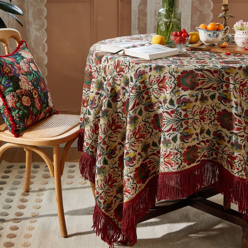 Garden Floral Jacquard Tablecloth with Tassels