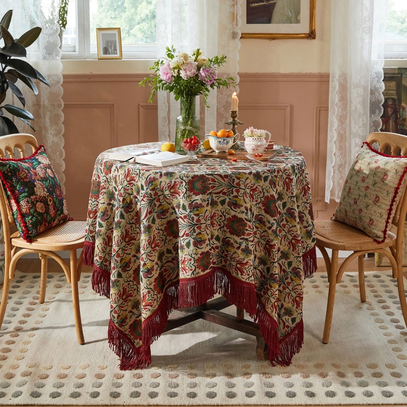 Garden Floral Jacquard Tablecloth with Tassels