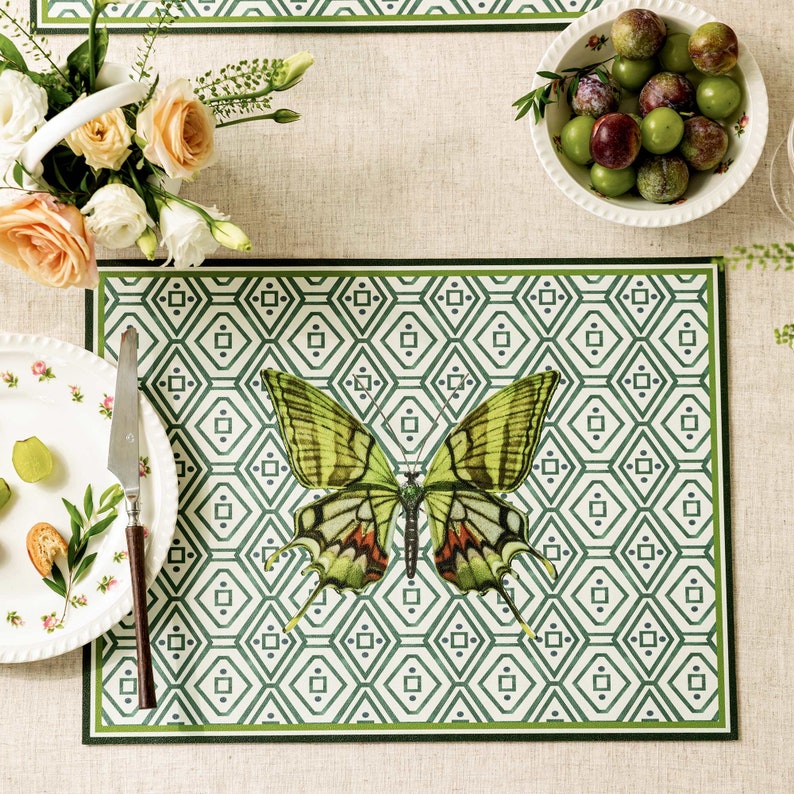 SET OF FOUR Green Butterfly Placemats, Lightly Waterproof