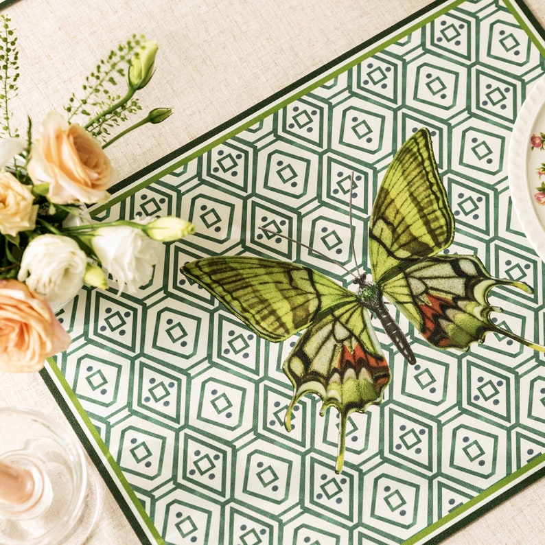 SET OF FOUR Green Butterfly Placemats, Lightly Waterproof