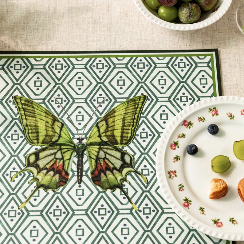 SET OF FOUR Green Butterfly Placemats, Lightly Waterproof