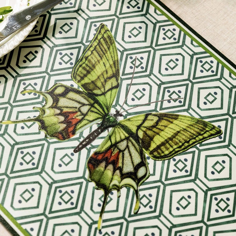 SET OF FOUR Green Butterfly Placemats, Lightly Waterproof
