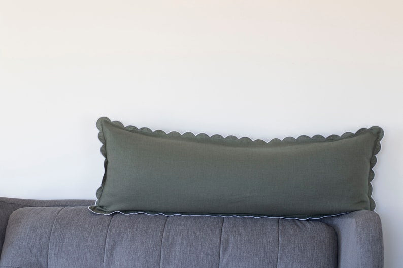 Seafoam Green Linen Pillow Cover - Scalloped Edge Design