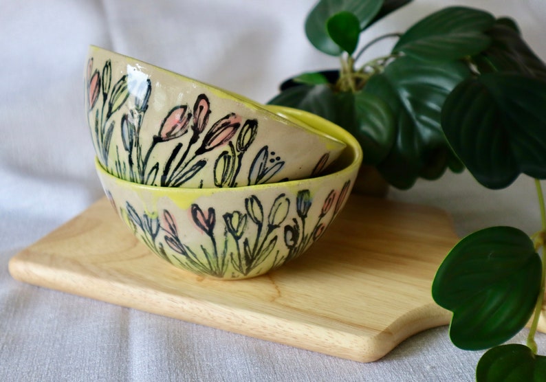 Small Wonky Yellow Tulip Floral Ceramic Bowl