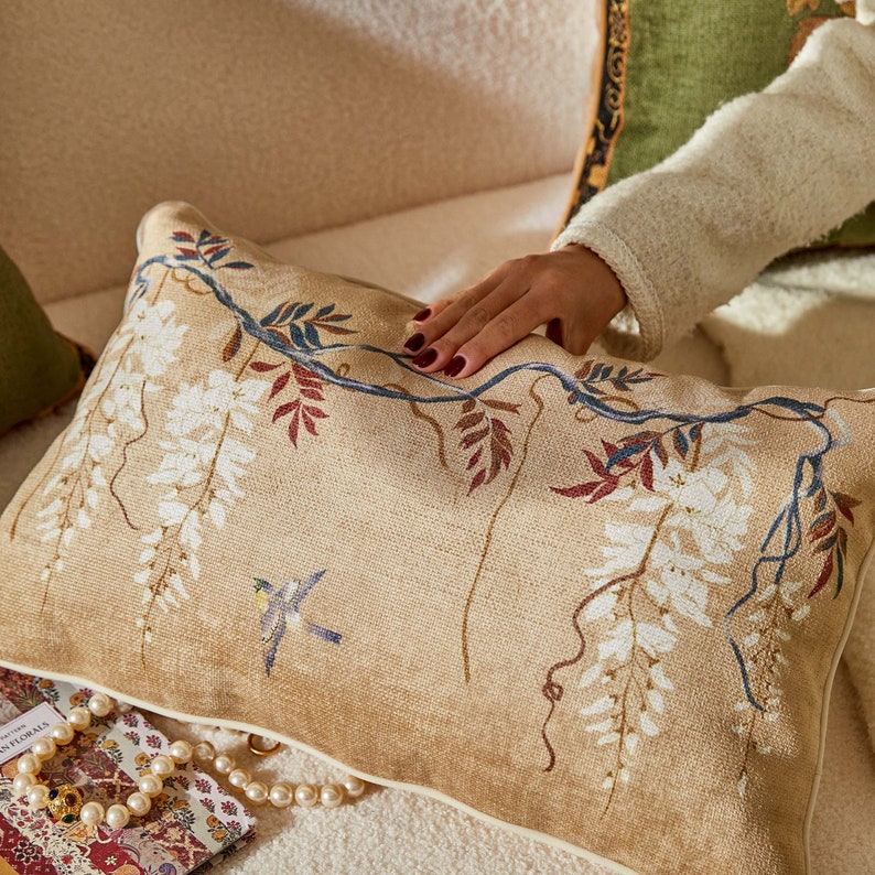 Retro Floral & Bird Throw Pillow Cover with Graceful Tassels