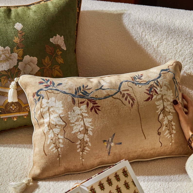 Retro Floral & Bird Throw Pillow Cover with Graceful Tassels