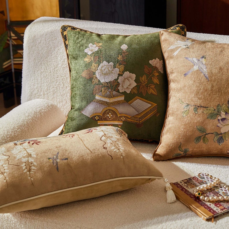 Retro Floral & Bird Throw Pillow Cover with Graceful Tassels